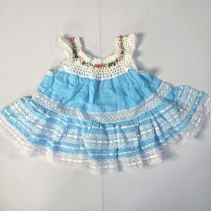Artisan‎ Made Infant Girls Baby Blue Dress Crochet Floral Neckline Lace Ruffles